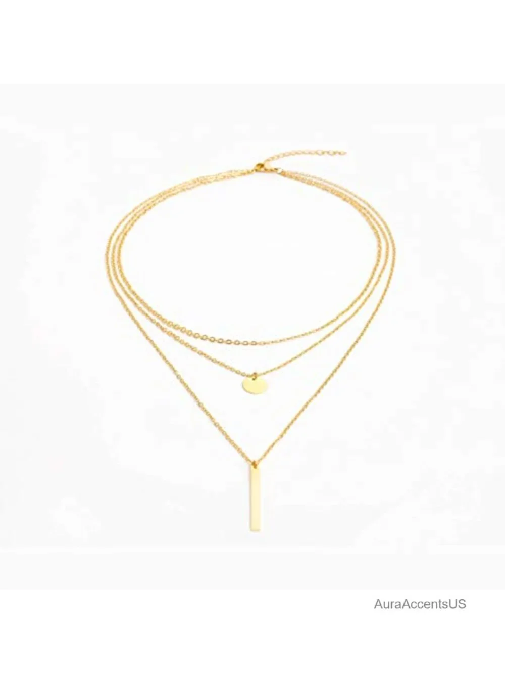 14K Gold Plated Layering Necklace with Bar and Chain Charms, Hypoallergenic